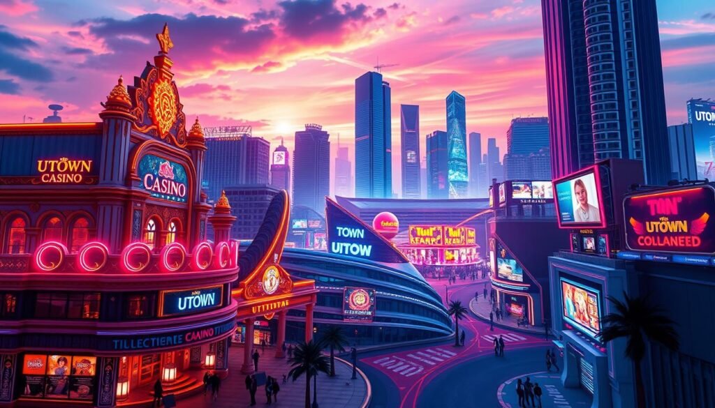 A futuristic, neon-lit cityscape showcasing the vibrant contrast between a traditional casino and the innovative UTown crypto entertainment platform. In the foreground, the classic casino facade stands tall, its ornate architecture and bright lights beckoning visitors. In the middle ground, the sleek, minimalist lines of the UTown complex emerge, its holographic displays and digital interfaces blending seamlessly with the urban landscape. The background is a dynamic skyline, filled with skyscrapers and a vibrant, ever-changing array of digital billboards and holograms, reflecting the cutting-edge technology that powers the UTown ecosystem. The scene is bathed in a warm, futuristic glow, conveying a sense of excitement and progress as the two worlds converge.