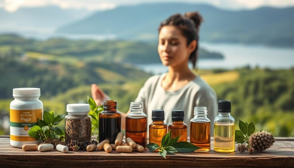A calm, serene scene depicting various natural remedies for tinnitus. In the foreground, a selection of herbal supplements and essential oils are displayed on a wooden table, their vibrant colors and textures suggesting their soothing properties. The midground features a person practicing meditation or mindfulness techniques, their face serene and focused. In the background, a tranquil landscape with rolling hills, lush greenery, and a calming body of water creates a sense of peaceful solitude. The lighting is soft and diffused, enhancing the natural, holistic atmosphere. The overall composition suggests a balanced, holistic approach to addressing the common problem of tinnitus.