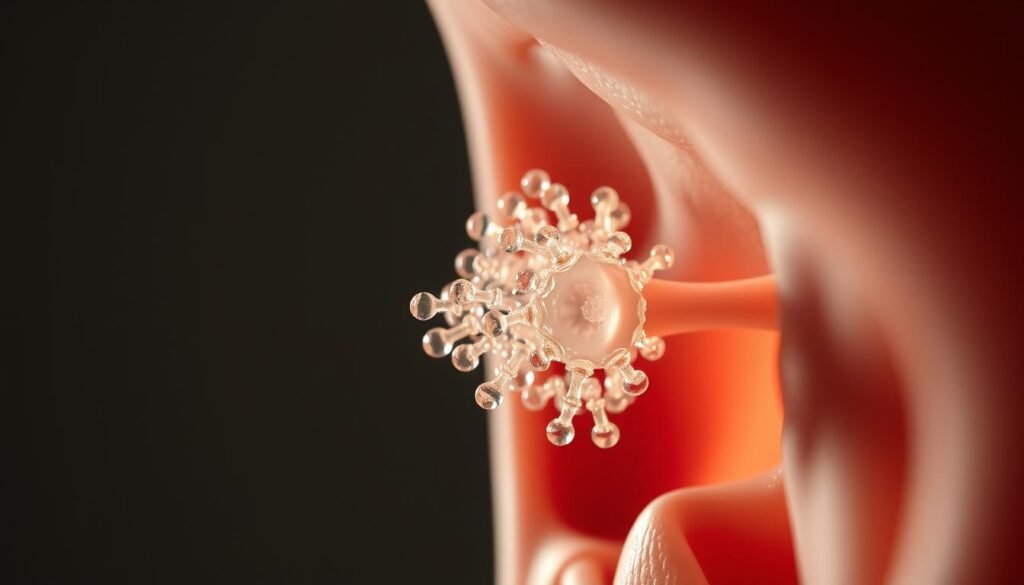 A close-up view of the inner ear, showcasing the intricate structure of the otoconia, which are responsible for the symptoms of benign paroxysmal positional vertigo (BPPV). The image should depict the otoconia in a realistic, highly detailed manner, with a focus on their crystalline composition and how they become dislodged from the macula, causing the characteristic vertigo and dizziness associated with BPPV. The lighting should be soft and directional, creating depth and emphasizing the delicate nature of the inner ear structures. The background should be muted and minimalistic, allowing the otoconia to be the central focus of the image.