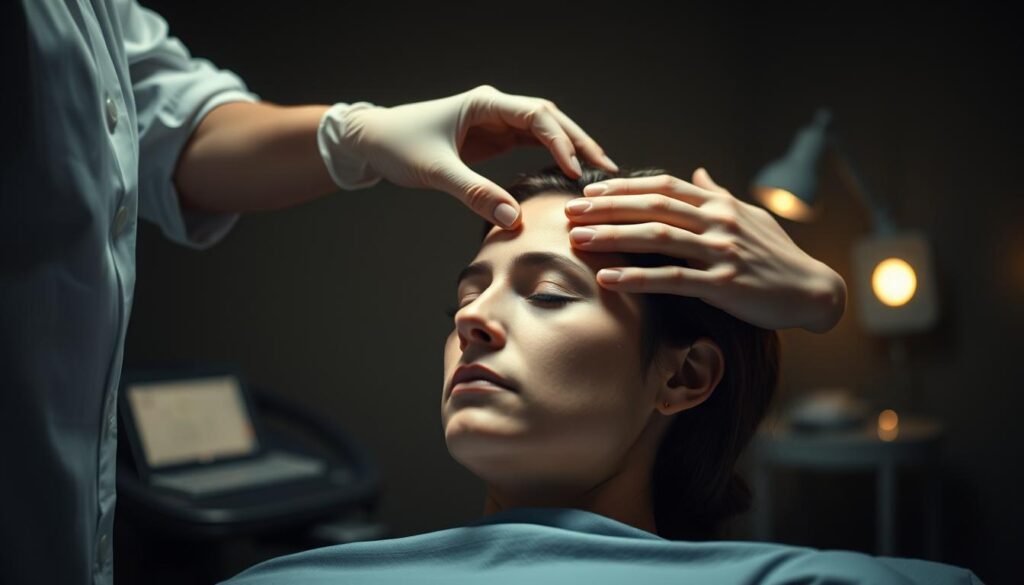 A detailed clinical scene of a successful otolith repositioning treatment. In the foreground, a physiotherapist's hands deftly manipulating the patient's head, guiding the displaced otoconia back into their proper position within the inner ear. The middle ground shows the patient's face, eyes closed in concentration, as they follow the physiotherapist's precise instructions. In the background, a dimly lit medical examination room, with subtle highlights illuminating the necessary equipment and tools. The overall mood is one of focus, expertise, and the careful restoration of vestibular function. Soft, natural lighting casts a warm, therapeutic glow, conveying the successful outcome of this specialized treatment.