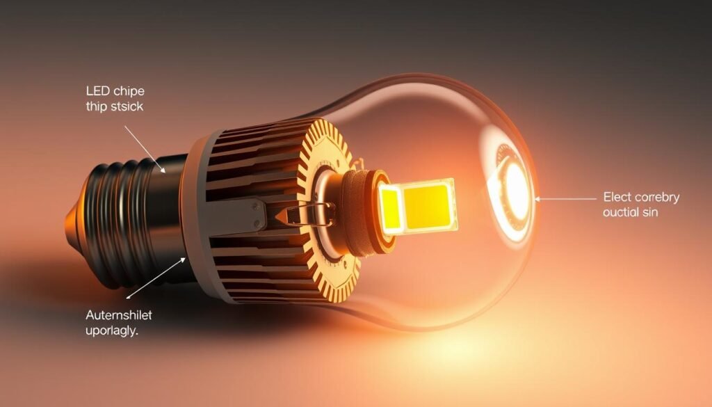 A detailed schematic diagram of the inner workings of a Aloha LED light bulb, showcasing its core components and technological features. The image depicts the LED chip, heat sink, electrical circuitry, and lens in cross-section, illuminated by a soft, warm glow. The overall composition emphasizes the intricate design and engineering behind LED technology, conveying a sense of technological sophistication and innovation. The background is a subtle gradient, allowing the LED components to take center stage and highlight their elegance and efficiency.
