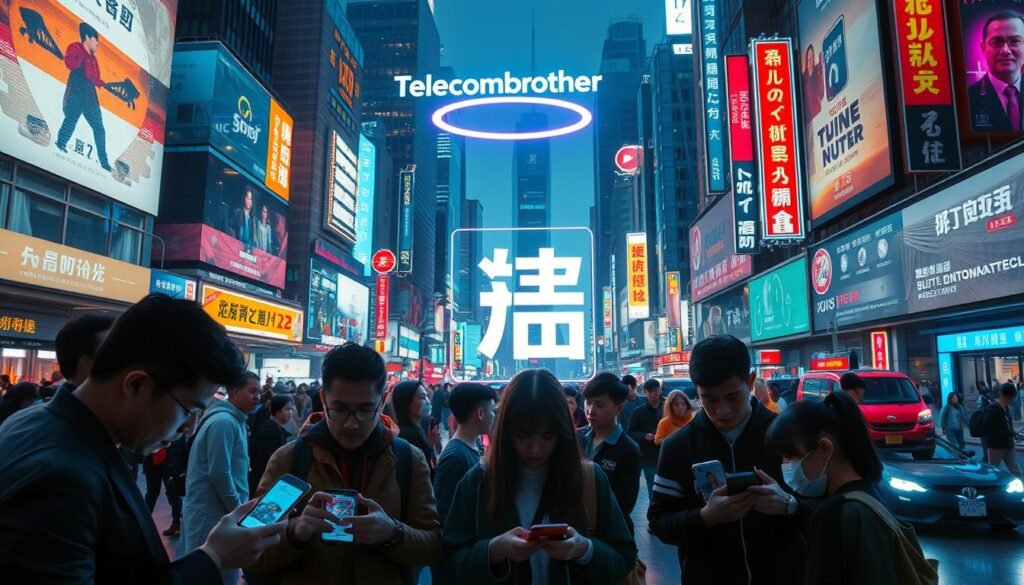 A futuristic cityscape with a prominent, neon-lit Telecombrother logo hovering above, casting a vibrant glow across the bustling streets. In the foreground, a group of tech-savvy individuals engrossed in their mobile devices, navigating intricate interfaces that showcase a myriad of personalized telecom offers and promotions. The middle ground features a sleek, holographic display showcasing the "轉台優惠" - a visually striking representation of the tailored telecom plans available to the digitally-savvy consumers of the big data era. The background is a kaleidoscope of skyscrapers, neon signs, and futuristic transportation, creating a sense of a dynamic, hyper-connected metropolis. The overall mood is one of technological innovation, personalization, and the seamless integration of telecommunication services into the fabric of modern urban life.