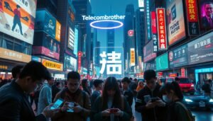 A futuristic cityscape with a prominent, neon-lit Telecombrother logo hovering above, casting a vibrant glow across the bustling streets. In the foreground, a group of tech-savvy individuals engrossed in their mobile devices, navigating intricate interfaces that showcase a myriad of personalized telecom offers and promotions. The middle ground features a sleek, holographic display showcasing the "轉台優惠" - a visually striking representation of the tailored telecom plans available to the digitally-savvy consumers of the big data era. The background is a kaleidoscope of skyscrapers, neon signs, and futuristic transportation, creating a sense of a dynamic, hyper-connected metropolis. The overall mood is one of technological innovation, personalization, and the seamless integration of telecommunication services into the fabric of modern urban life.