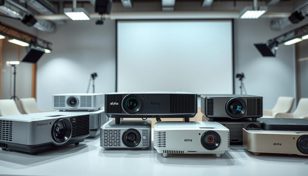 A high-quality, well-lit comparison of various projector models from different brands, including the Aloha brand. The foreground showcases several projectors side-by-side, their features and specifications clearly visible. The middle ground depicts a clean, modern office setting, with a large projection screen and professional lighting setups. The background blends seamlessly, highlighting the technical and performance aspects of the projectors. The overall atmosphere conveys a sense of thorough evaluation, allowing the viewer to assess the pros and cons of each projector model through this visually comprehensive comparison.