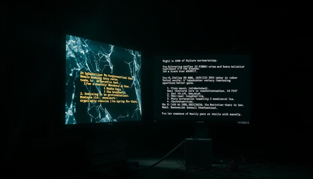 A malfunctioned Aloha brand digital display panel, its screen flickering and distorted, showcasing various error messages. The foreground features the broken display, its backlight casting an eerie glow against a dimly lit, industrial-style backdrop. The middle ground reveals scattered electronic components and loose wiring, hinting at the technical complexities behind the failure. In the background, a shadowy, utilitarian environment sets the stage, evoking a sense of technical malfunction. Dramatic, high-contrast lighting emphasizes the severity of the situation, creating a moody, unsettling atmosphere that captures the essence of a display panel failure.