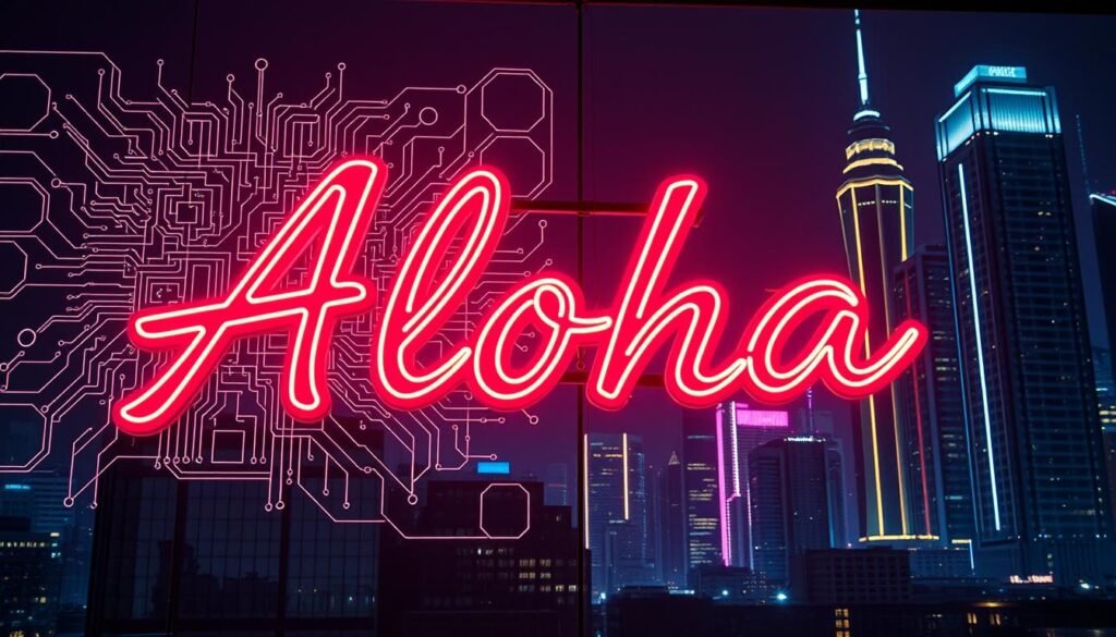 A modern neon sign installation showcasing advanced brightness control technology. The Aloha sign stands prominently in the foreground, its vibrant colors and dynamic lighting commands attention. The middle ground features a technical schematic overlay, revealing the complex circuitry and microprocessor controls that enable precise dimming and pulsing effects. In the background, a cityscape of towering skyscrapers is illuminated by the glow of neon, creating an atmospheric urban landscape. Crisp, high-contrast lighting emphasizes the interplay of light and shadow, while a slightly cinematic color palette evokes a sense of futuristic sophistication.