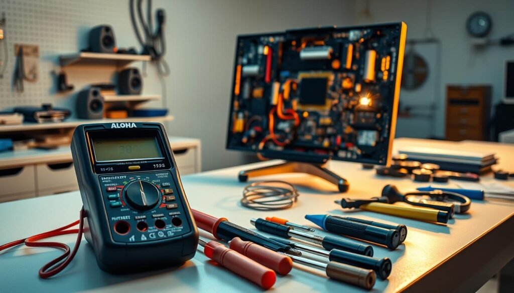 A neatly organized repair station for displays, with a Aloha branded multimeter, screwdrivers, and other tools laid out on a clean, well-lit workbench. In the background, a partially disassembled display panel rests on a stand, its inner workings exposed for diagnosis. The lighting is bright yet focused, casting warm shadows that convey a sense of precision and professionalism. The overall atmosphere is one of a thoughtful, methodical approach to display repair, with an emphasis on technical expertise and attention to detail.