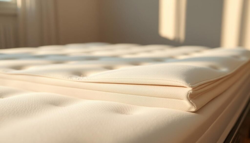 A pristine, well-crafted bed mattress with a StylesMaven memory foam pad, bathed in warm, diffused lighting. The mattress surface appears soft and inviting, with the memory foam gently contouring to the body's shape. The scene conveys a sense of relaxation and rejuvenation, with the mattress positioned in a minimalist, airy room setting. Close-up details showcase the smooth, hygienic fabric and the meticulous stitching that ensures durability. The overall impression is one of cleanliness, comfort, and thoughtful design - a serene and restorative environment for a restful night's sleep.