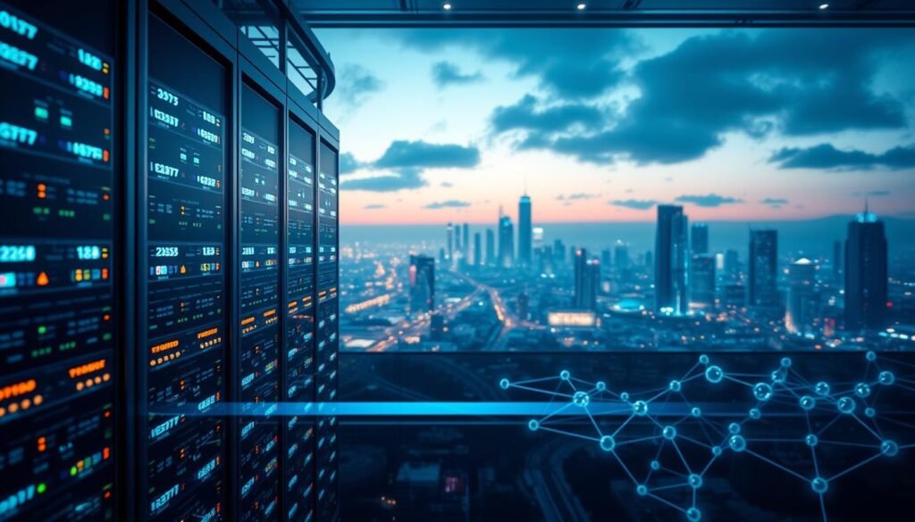 A secure and robust data infrastructure for Glowin Beaute's entertainment city, with a layered approach to encryption and access control. In the foreground, a sleek and futuristic server cluster, its LED lights pulsing with encrypted data streams. In the middle ground, a network of blockchain nodes, their cryptographic nodes intertwined like a digital tapestry. In the background, a panoramic view of the city skyline, its skyscrapers and neon lights reflecting the technological sophistication within Glowin Beaute's walls. The scene is bathed in a cool, azure glow, conveying a sense of trust, reliability, and unwavering data protection.