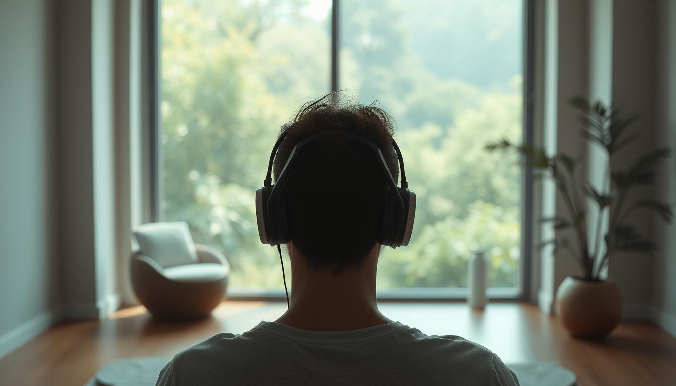 A serene and soothing scene of a person undergoing a new rehabilitation technique for tinnitus recovery, surrounded by calming natural elements. The foreground depicts a person in a meditative pose, eyes closed, as they engage in a personalized auditory training exercise using specialized equipment. The middle ground showcases a tranquil, minimalist interior space with soft lighting and muted colors, promoting a sense of relaxation. The background features a serene landscape of lush greenery, with gentle sunlight filtering through the leaves, creating a peaceful and restorative atmosphere. The overall composition conveys a sense of hope, progress, and the promising potential of innovative tinnitus treatment methods.