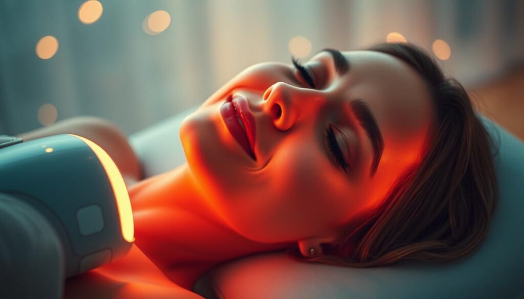 A serene, radiant woman with glowing skin reclines in a tranquil setting, her face illuminated by the warm, soft light of the "Oligio X 原美電波" beauty device. The scene is captured in a medium close-up, highlighting the device's sleek, futuristic design and the calming, rejuvenating ambiance. The background is hazy and ethereal, creating a sense of timelessness and relaxation. The woman's expression conveys a sense of peaceful bliss, reflecting the long-lasting, rejuvenating effects of the "Glowin' Beaute" Oligio X 原美電波 treatment.