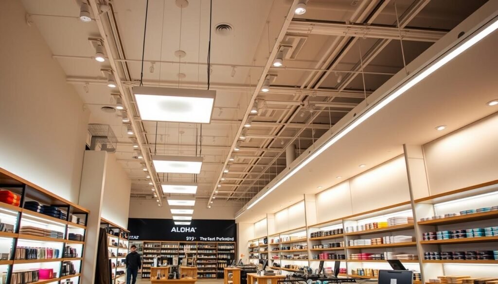 A sleek, modern LED smart lighting system by Aloha fills a spacious, well-lit commercial interior with a warm, inviting glow. Suspended from the high ceiling, the minimalist fixtures seamlessly blend into the clean, contemporary decor. Strategically placed luminaires illuminate the display shelves and checkout counters, casting a flattering light on the merchandise. Ambient lighting creates a cozy atmosphere, while task lighting provides ample illumination for the retail tasks. The entire system is connected to a centralized control panel, allowing the store owner to precisely adjust the brightness, color temperature, and zoning to optimize the lighting for any time of day or merchandising needs.