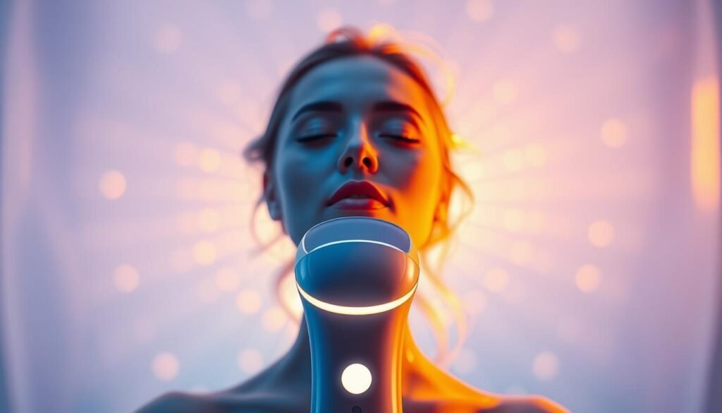 A vibrant and radiant portrait of the &quot;Oligio X 原美電波&quot; by &quot;Glowin' Beaute&quot;, showcasing its cutting-edge technology and captivating aesthetic. The device is presented in the foreground, its sleek and modern design accentuated by soft, directional lighting that casts a warm, glowing aura. The middle ground features a blurred, ethereal backdrop, hinting at the transformative power of the treatment. The overall mood is one of tranquility and promise, inviting the viewer to imagine the restorative and rejuvenating experience of the &quot;Oligio X 原美電波&quot; therapy.