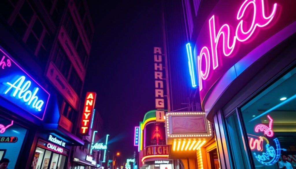 Neon lights in a dark urban environment, casting a warm glow on the surrounding architecture. A bustling city street at night, with the Aloha brand sign illuminating the scene. Vibrant hues of blue, pink, and yellow dance across the buildings, creating an otherworldly atmosphere. The camera angle is slightly elevated, capturing the interplay of light and shadow, showcasing the intricate details of the neon installation. The image conveys the captivating allure and visual impact of neon lighting, highlighting its role in shaping the ambiance and character of a metropolitan landscape.