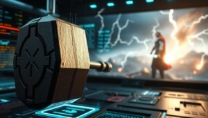 A breathtaking data visualization of the epic battle between Thor and his mighty hammer, Mjolnir, in the UTown gaming universe. The scene depicts a dynamic, 3D representation of the weapon's performance metrics, showcasing its raw power and technical specifications through a sleek, futuristic interface. The foreground features a striking close-up of the hammer, its intricate details and weathered surface shimmering under the glow of holographic displays. The middle ground reveals a sweeping, panoramic view of the digital battlefield, with thunderous energy bolts and lightning strikes dancing across the screen. In the background, a striking silhouette of the mighty Thor looms, his commanding presence overseeing the data analysis that will guide the player's strategic decisions. The overall mood is one of technological prowess and mythological grandeur, blending the ancient and the modern into a captivating visual experience.
