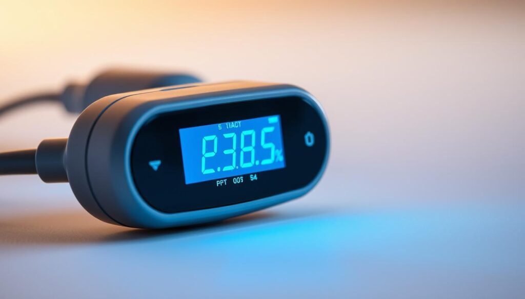 A close-up view of a high-precision digital pressure sensor used in the iCareCPAP sleep apnea treatment device. The sensor features a sleek, ergonomic design with a clear LCD display showing real-time pressure readings. The device is illuminated by soft, diffused lighting to convey a sense of precision and medical-grade quality. The background is a clean, minimalist environment, emphasizing the sensor's advanced engineering and ability to provide accurate, comfortable pressure monitoring for sleep apnea patients.