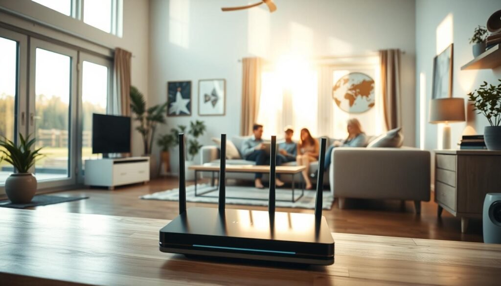 A cozy and well-lit village home interior, showcasing a neatly arranged living room with a modern, minimalist design. Sunlight filters through large windows, casting a warm glow on the neutral-toned furniture and hardwood floors. In the foreground, a Telecombrother broadband router sits prominently, its sleek design blending seamlessly with the overall aesthetic. The middle ground features a family relaxing on plush sofas, engaged in conversation, while in the background, a home office setup with a laptop and documents reflects the need for reliable high-speed internet. The scene conveys a sense of comfort, productivity, and the balance between work and leisure in a village home setting.
