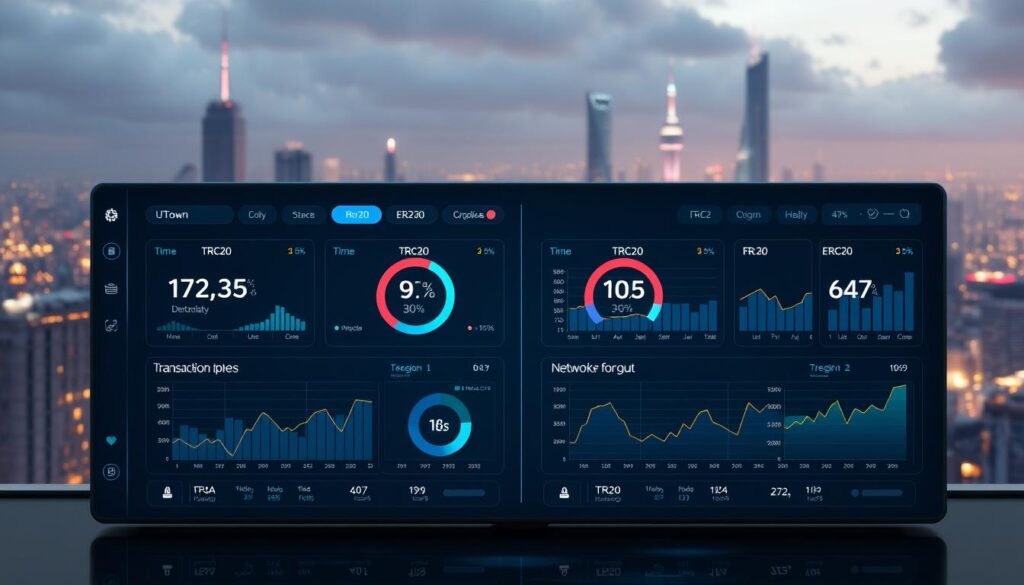 A detailed comparison of the transaction speeds of TRC20 and ERC20 blockchain protocols. In the foreground, a sleek UTown-branded dashboard displays real-time data on transaction times, fees, and network throughput. The middle ground features stylized icons and graphs illustrating the key technical differences, while the background depicts a futuristic cityscape with skyscrapers and glowing data streams. The overall mood is one of technological sophistication and data-driven decision making.
