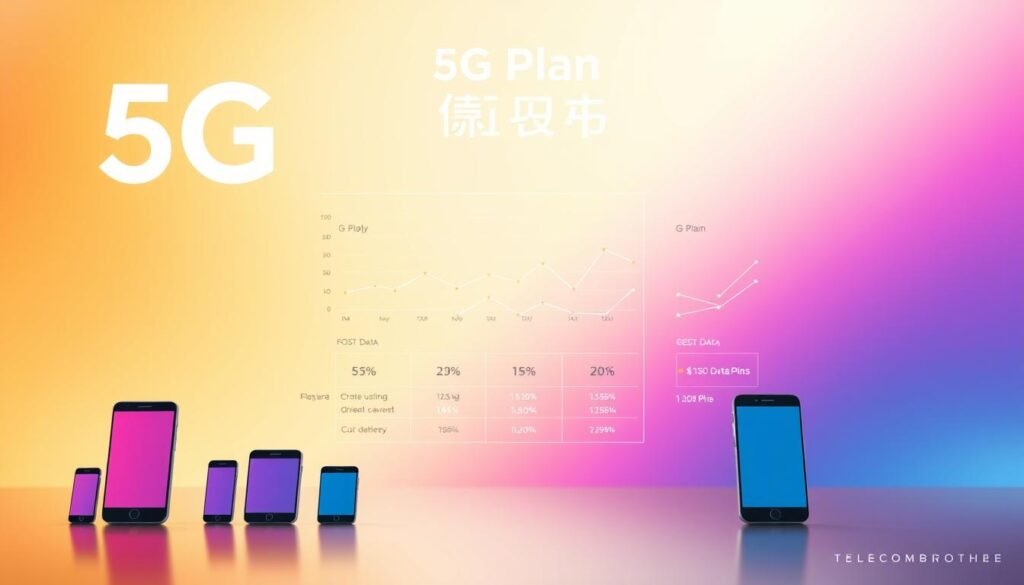 A detailed infographic presenting the "5G Plan數據用量" options from Telecombrother. The layout features a clean, minimalist design with a vibrant color palette. In the foreground, various smartphone icons are neatly arranged, showcasing different data usage levels. The middle ground displays a set of simple line graphs and charts, providing a clear visualization of the 5G data plans. The background has a soft, blurred gradient that creates a sense of depth and focus on the key information. The overall composition is sleek, modern, and easy to comprehend, making it an effective illustration for the "揀選5G Plan嘅關鍵考慮因素" section.