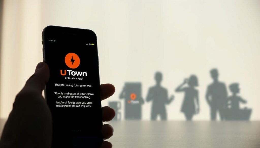 A high-quality, professional-looking illustration of the step-by-step installation process for the UTown entertainment app on an iOS device. The image should depict a clean, minimalist design with a focus on the app's branding and user interface. The foreground should show the app's main screen or interface, with clear steps or instructions highlighted. The middle ground could include various mobile device mockups or silhouettes to showcase the installation process. The background should have a subtle, blurred gradient or texture to create a sense of depth and sophistication. The lighting should be soft and natural, with a warm, inviting tone. The overall composition should be well-balanced and visually appealing, conveying a sense of ease and simplicity in the installation experience.