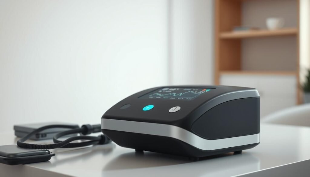 A high-quality, scientific-looking medical device with sleek, modern design. The iCareCPAP sleep apnea machine sits on a clean, minimalist desk, its matte black and silver body accented by soft lighting. Precision pressure sensors embedded in the machine monitor breathing patterns in exquisite detail, with a display showing real-time data. The scene conveys professionalism, cutting-edge technology, and the idea of expert analysis and evaluation of sleep health. The background is a serene, softly-lit room, creating a calming, clinical atmosphere.