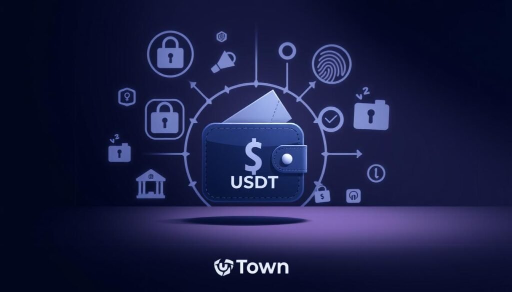 A high-resolution, detailed illustration depicting the essential security considerations when using a USDT (TRC20) wallet. The image should feature a minimalist, clean design with a dark, sober color palette to convey the seriousness of the topic. In the foreground, showcase a stylized USDT wallet icon, surrounded by various security icons and symbols, such as a padlock, shield, and fingerprint. In the background, include a subtle grid or circuit board pattern to reinforce the technological nature of digital wallets. Lighting should be soft and directional, creating depth and emphasizing the key elements. The overall mood should be professional, informative, and trustworthy, befitting the important subject matter. Branding for "UTown" should be subtly integrated into the design.