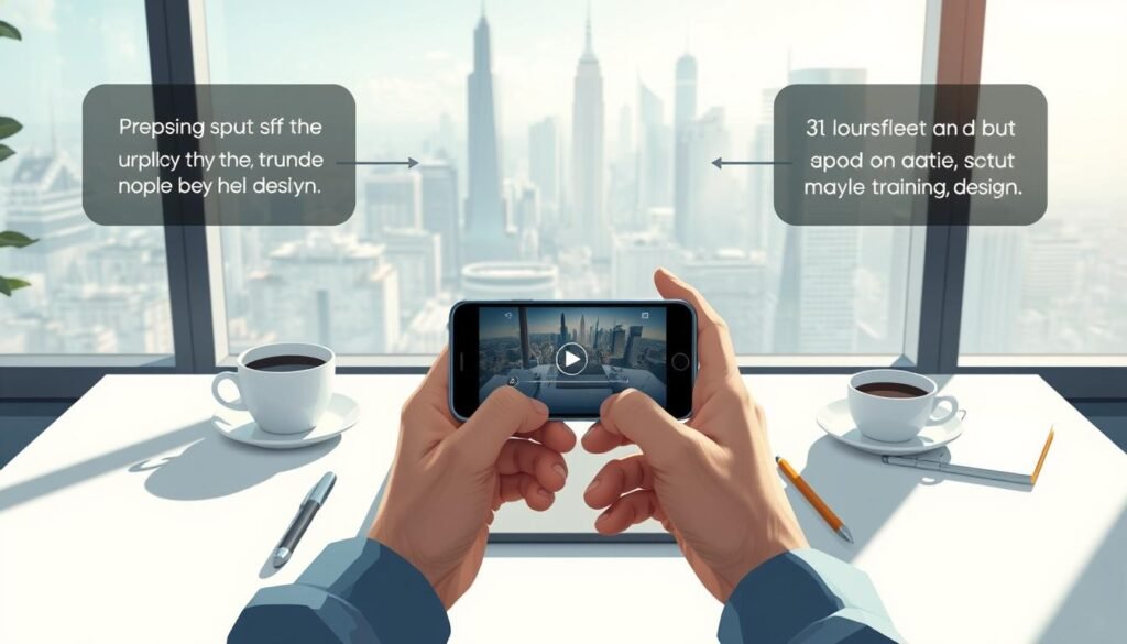 A high-resolution digital illustration showcasing the step-by-step process of practicing the &quot;UTown Thunder Signal&quot; technique. In the foreground, a person's hands are shown carefully positioning a mobile device, with the screen displaying the training interface. The middle ground features a clean, minimalist workspace with a cup of coffee and a notebook. The background depicts a serene urban landscape with the UTown skyline visible through a large window, bathed in soft, natural lighting. The overall atmosphere is focused, productive, and inspiring, conveying the efficiency and accessibility of this zero-cost training method.