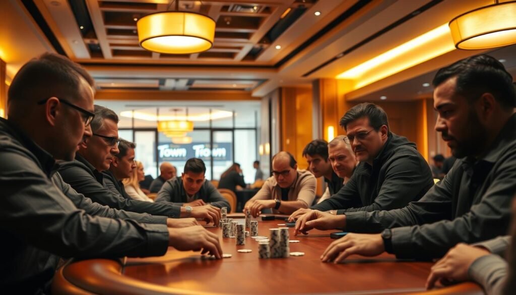 A high-stakes Texas Hold'em poker game at the UTown entertainment center, with players from around the world gathered around a polished wooden table, intense expressions on their faces as they scrutinize their cards and size up their opponents. The table is illuminated by warm, golden overhead lighting, casting shadows that accentuate the players' features. In the background, a sleek, modern interior with clean lines and minimalist decor creates an atmosphere of sophistication and professional competition. The overall scene conveys the thrill and prestige of a world-class poker tournament, where skilled players come to test their mettle against the best.