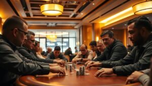 A high-stakes Texas Hold'em poker game at the UTown entertainment center, with players from around the world gathered around a polished wooden table, intense expressions on their faces as they scrutinize their cards and size up their opponents. The table is illuminated by warm, golden overhead lighting, casting shadows that accentuate the players' features. In the background, a sleek, modern interior with clean lines and minimalist decor creates an atmosphere of sophistication and professional competition. The overall scene conveys the thrill and prestige of a world-class poker tournament, where skilled players come to test their mettle against the best.