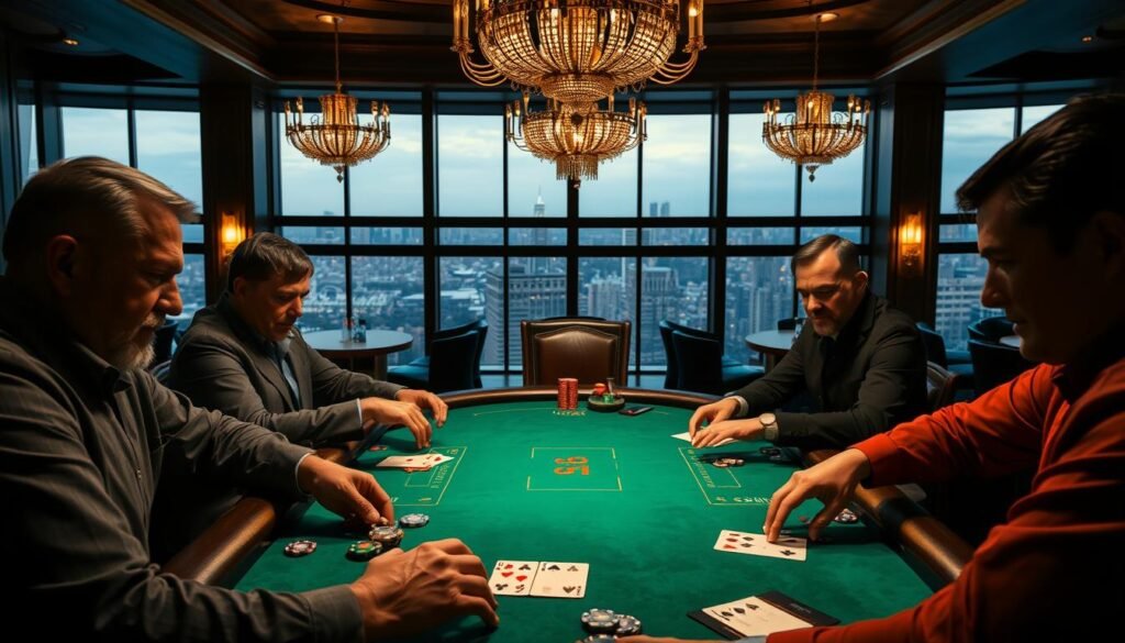 A high-stakes poker game set in a dimly lit, luxurious UTown casino. The foreground features the intricate hand gestures and intense expressions of seasoned players as they carefully consider their next moves. The middle ground showcases the vibrant green felt table, surrounded by a sophisticated, art deco-inspired interior with glittering chandeliers and dark wood paneling. In the background, a panoramic view of the city skyline is visible through large windows, creating a sense of grandeur and high-stakes competition. The overall atmosphere is one of strategic tension, where the players' mastery of advanced poker techniques and strategies is on full display.