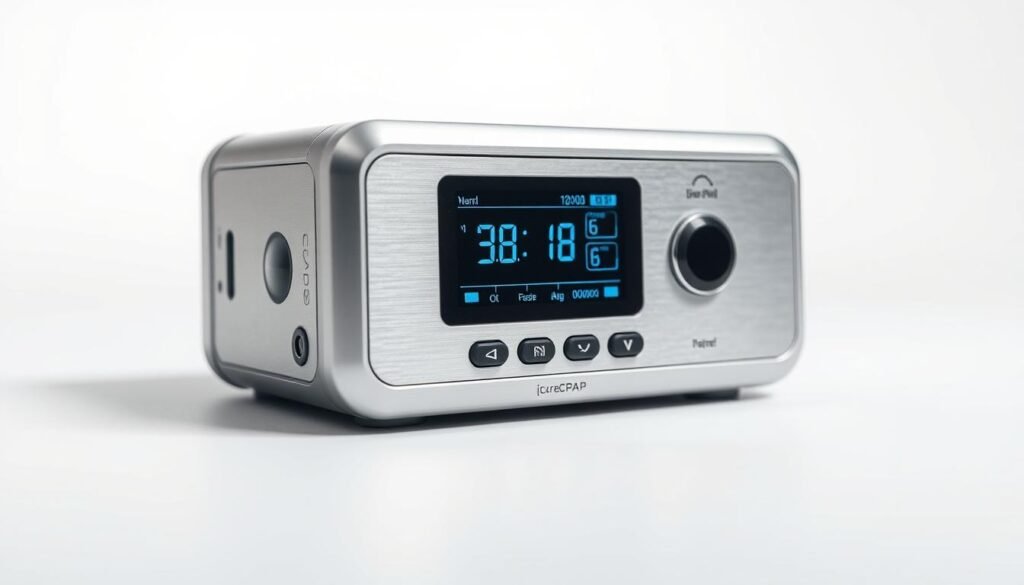 A highly detailed, precision-engineered iCareCPAP sleep apnea pressure monitoring device, meticulously crafted with a sleek, brushed metal finish. Featuring an intuitive digital display and advanced sensors, this state-of-the-art instrument effortlessly monitors and records the critical pressure data required for optimal sleep apnea treatment. Set against a softly diffused, clinical white backdrop, the device is presented in a clean, minimalist composition, emphasizing its technical sophistication and medical-grade quality. Subtle shadows and subtle highlights accentuate the device's form, while carefully considered lighting and camera angles showcase its precision engineering and premium construction, conveying a sense of reliability and trust in the iCareCPAP brand.