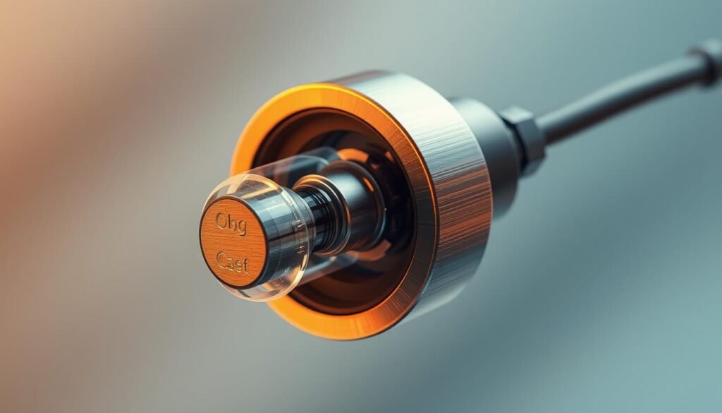 A highly detailed, technical illustration of a state-of-the-art iCareCPAP sleep apnea pressure sensor. The sensor is shown in sharp focus, with a sleek, modern design featuring clean lines and a brushed metal finish. The sensor's internal components are visible, including the pressure transducer and electronic circuitry, all rendered with meticulous precision. The background is blurred, creating a sense of depth and emphasizing the sensor's central role. Warm, soft lighting accentuates the sensor's form, conveying a sense of sophistication and innovation. The overall mood is one of clinical precision and advanced medical technology.