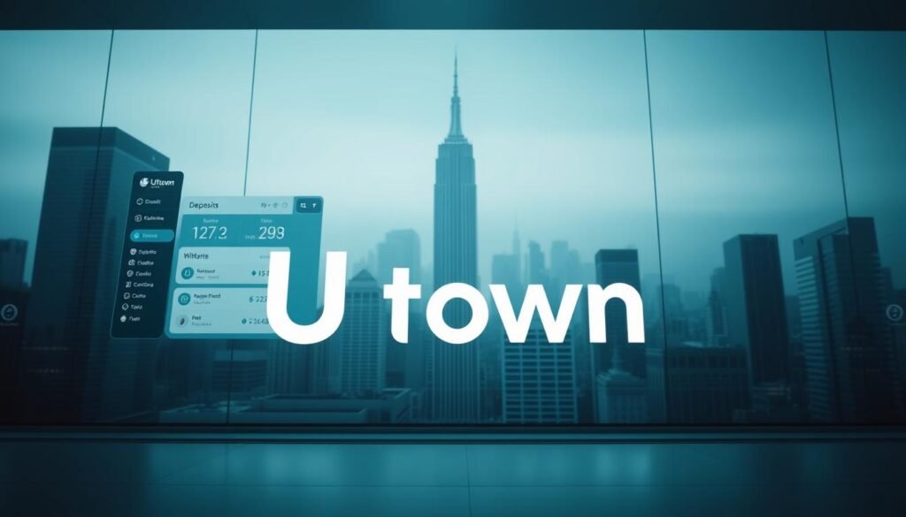 A modern, sleek financial system interface featuring the UTown logo. The foreground displays a streamlined deposit and withdrawal dashboard with intuitive controls and secure transaction details. The middle ground showcases a user-friendly UI with clean typography and iconography. The background depicts a minimalist cityscape, hinting at the global reach and accessibility of the UTown platform. Soft lighting and a cool color palette convey a sense of professionalism and trust. The overall composition emphasizes efficiency, reliability, and the seamless integration of finance and technology.