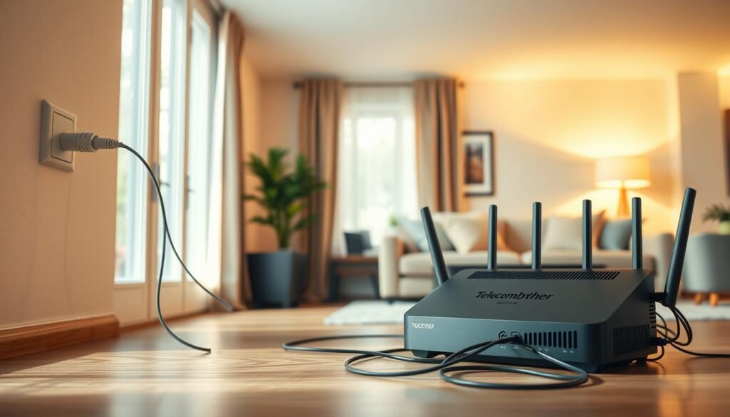 A spacious and well-lit living room showcases the contrast between a Telecombrother fiber-optic cable box and a traditional broadband router. The fiber-optic cable, sleek and modern, runs from the wall outlet to the Telecombrother box, while the broadband router sits nearby, with its tangled cords. The room is bathed in warm, natural light, creating a cozy and inviting atmosphere. The focus is on the technological comparison, with the Telecombrother fiber-optic solution prominently displayed as the superior option for high-speed, reliable home internet connectivity.
