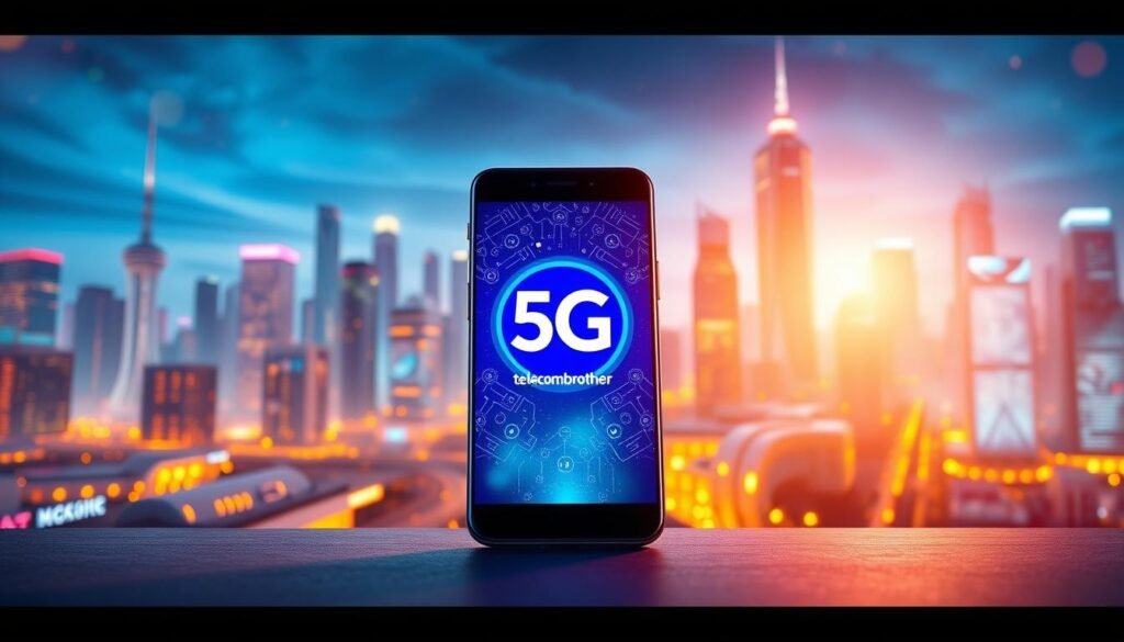 A vibrant and forward-looking 5G plan illustration. In the foreground, a sleek, modern smartphone showcases the Telecombrother logo, its screen displaying a bold 5G icon. The midground features an array of connectivity icons, representing the high-speed, low-latency capabilities of the 5G network. In the background, a cityscape of futuristic skyscrapers and glowing data centers conveys the technological advancements powering the 5G ecosystem. The scene is bathed in a warm, vibrant lighting, with a slight lens flare effect to create a sense of dynamism and progress. The overall mood is one of excitement and promise, reflecting the transformative potential of the 5G revolution.