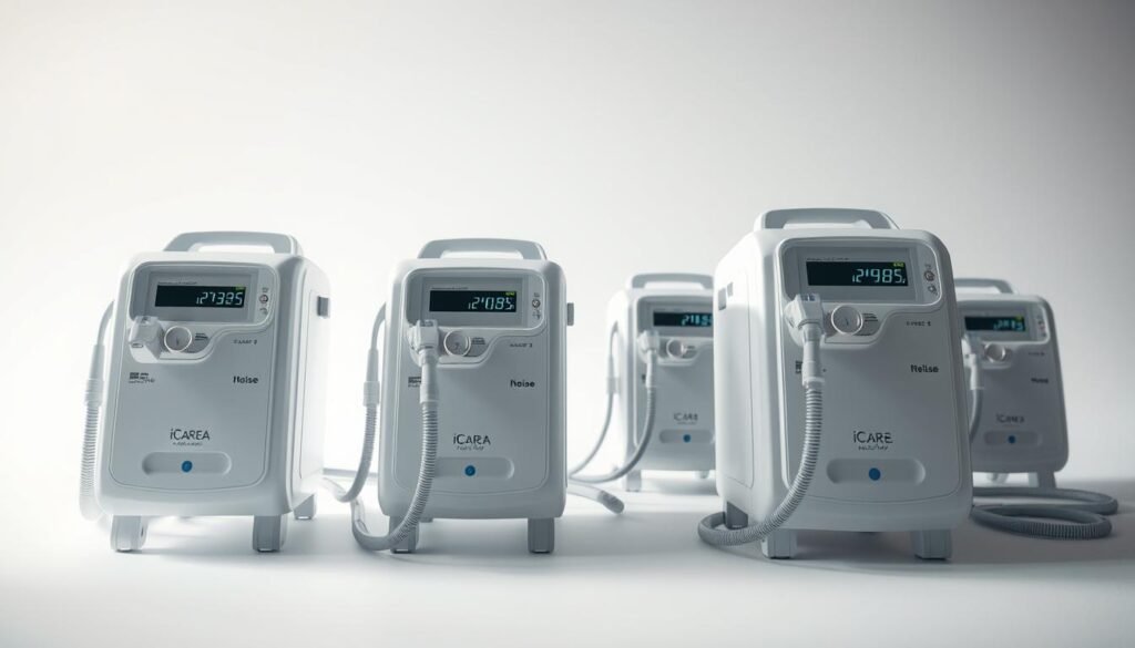A well-lit, high-angle studio shot of a series of medical devices arranged in a row, showcasing the noise levels of various "iCareCPAP" sleep apnea machines. The foreground features the machines in clean, crisp detail, with clear labeling and precise measurements displayed on their digital readouts. The middle ground introduces a simple, white background to emphasize the technical aspects. The background subtly fades into soft, diffused lighting, creating a professional, clinical atmosphere. The overall composition highlights the comparative noise levels of the devices, inviting the viewer to easily discern the differences between models.