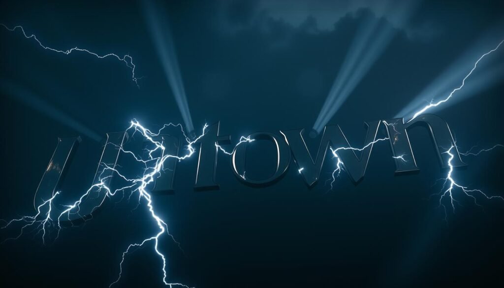 Detailed wide-angle photograph of a bold, metallic "UTown" logo rendered in the style of Norse lightning runes, casting dramatic shadows against a dark, moody sky. The runes appear to crackle with electricity, emitting a powerful, ominous energy. The scene is lit by dramatic beams of light, creating a sense of dramatic intensity and foreboding. The composition emphasizes the bold, angular forms of the runes, conveying a sense of ancient, primal power.