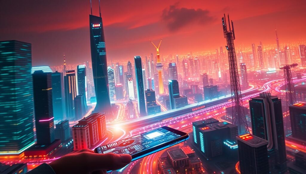 Telecombrother's 5G network speed soaring, showcasing a futuristic cityscape with towering skyscrapers and a vibrant, neon-lit landscape. In the foreground, a gleaming smartphone displays rapid data transfer, while the middle ground features seamless video streaming and low-latency gaming. The background captures the expansive 5G infrastructure, with sleek antennas and data centers pulsing with energy. The scene conveys a sense of technological advancement, connectivity, and the transformative power of 5G, all within a dynamic, high-contrast, and visually striking composition.
