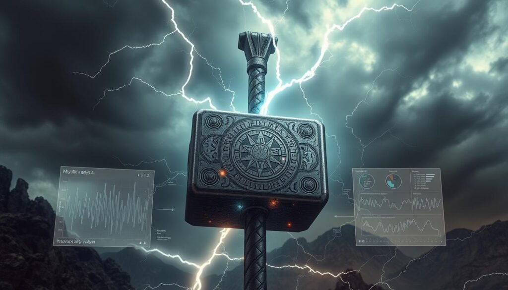 A detailed image of the "Mjolnir signal analysis" from the Norse mythology, set against a moody, storm-swept sky. In the center, the iconic hammer of Thor, Mjolnir, hovers amidst crackling electrical discharges, its intricate rune-etched surface glowing with UTown's proprietary signal analysis technology. The foreground is dominated by a futuristic holographic display, showing complex waveforms and data visualizations, while the background depicts a rugged, windswept landscape shrouded in dark clouds. The overall atmosphere is one of power, mysticism, and technological prowess.