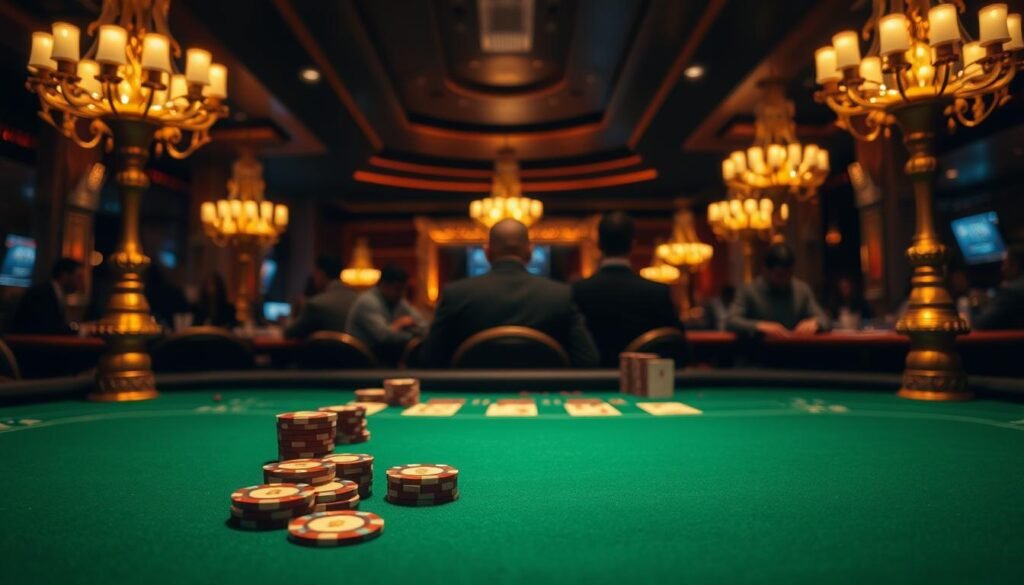 A dimly lit table in a sophisticated casino setting, the green felt surface of a baccarat table takes center stage. Ornate gold detailing and elegant lamps cast a warm glow, creating an atmosphere of high-stakes excitement. On the table, casino chips in various denominations are neatly arranged, hinting at the gameplay to come. In the background, the faint silhouettes of casino patrons can be seen, their faces obscured, focused intently on the cards being dealt. The overall scene exudes an air of exclusivity and refined, timeless elegance befitting the esteemed game of baccarat.