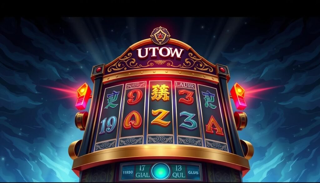 A stylized and vibrant illustration of the mythical "UTown" slot machine, inspired by the legendary Thor's Hammer. The machine's design is a fusion of Norse mythology and modern casino aesthetics, with intricate patterns, runes, and metallic accents. The reels are in motion, teasing the potential for a lucrative payout. The background features a dramatic, stormy sky with swirling clouds and shafts of light, creating an atmosphere of anticipation and excitement. The overall scene conveys the essence of the "雷神之鎚" gaming experience - a blend of ancient power and contemporary thrills.