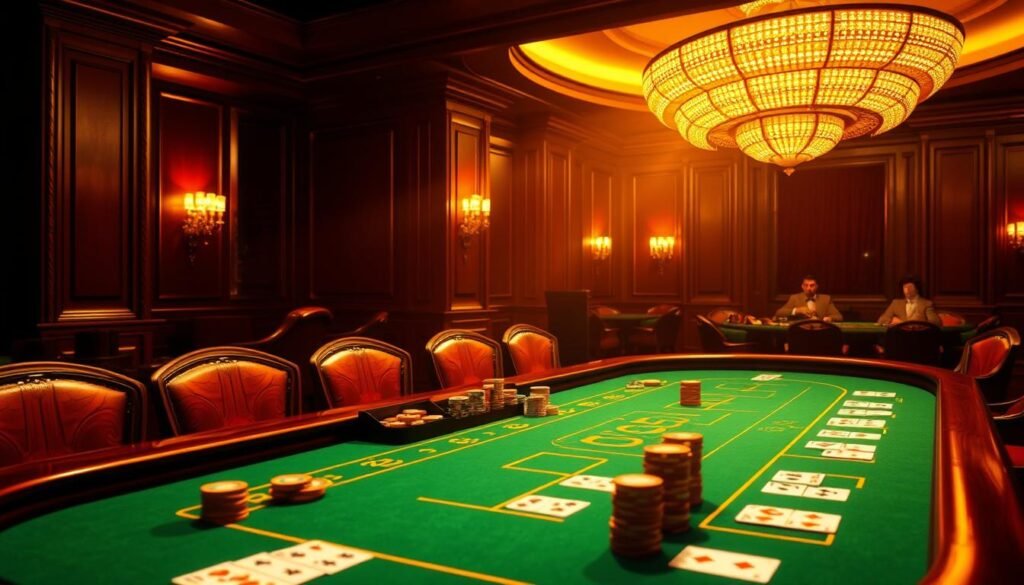 A visually striking illustration of the fundamental rules of Baccarat, the classic casino card game. Set in a dimly lit gaming hall, the scene features a large, elegant wooden Baccarat table bathed in a warm, amber glow. Cards are neatly arranged, chips are stacked, and the table's green felt surface provides a stylish contrast. The composition emphasizes the game's refined, sophisticated atmosphere, with a sense of anticipation and focus evident among the players. Careful attention is paid to the table's design, lighting, and perspective, creating a sense of depth and immersion. The overall mood is one of exclusivity, strategy, and the thrill of high-stakes gambling.