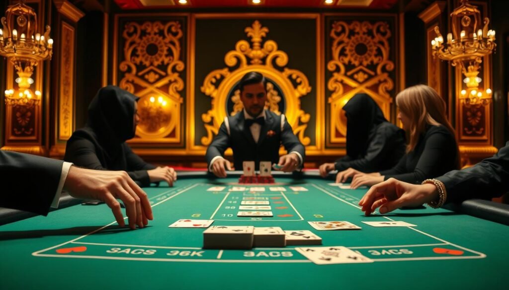 A visually striking table scene showcasing the fundamental mechanics of baccarat gameplay. The table is illuminated by warm, diffused lighting, creating a sophisticated ambiance. In the foreground, a croupier's hands gracefully deal cards to players, their faces obscured in shadow. The middle ground features the baccarat table itself, its green felt surface immaculately maintained. Behind it, a backdrop of ornate, gilded accents evokes the opulent atmosphere of a classic casino. The composition emphasizes the iconic gameplay, inviting the viewer to imagine themselves immersed in the thrilling experience of baccarat.
