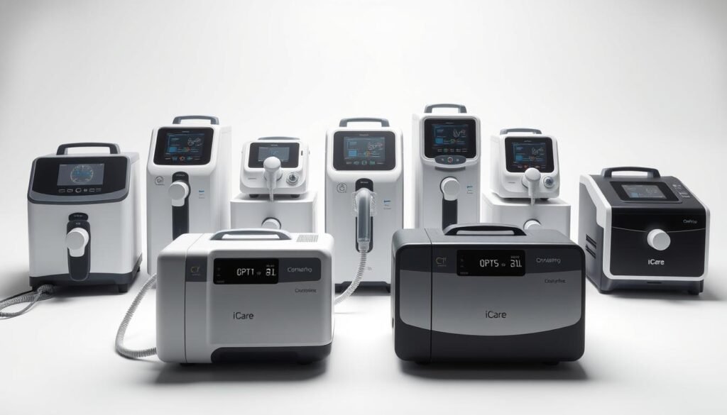 A well-lit, high-quality studio photograph showcasing several top-of-the-line sleep apnea CPAP machine brands, including the iCareCPAP model, arranged on a clean, minimalist white background. The machines are displayed from various angles, highlighting their sleek, modern designs and advanced features. The lighting is soft and diffused, creating a professional, clinical atmosphere. The image aims to provide a comprehensive visual comparison of the leading CPAP machine options, empowering the viewer to make an informed decision about the best fit for their sleep apnea treatment needs. A well-lit, high-quality studio photograph showcasing several top-of-the-line sleep apnea CPAP machine brands, including the iCareCPAP model, arranged on a clean, minimalist white background. The machines are displayed from various angles, highlighting their sleek, modern designs and advanced features. The lighting is soft and diffused, creating a professional, clinical atmosphere. The image aims to provide a comprehensive visual comparison of the leading CPAP machine options, empowering the viewer to make an informed decision about the best fit for their sleep apnea treatment needs.