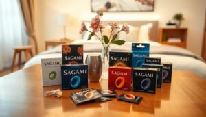 An elegant display of the Sagami product line, arranged artistically. In the foreground, showcase a variety of Sagami products, such as sleek packaging and a selection of condoms in diverse designs, all set on a polished wooden table. In the middle ground, feature stylish accessories that complement the products, like a subtle vase with fresh flowers, enhancing the aesthetic. The background should be softly blurred, hinting at a well-lit, modern setting, perhaps a softly decorated bedroom or a chic retail space. Use warm, inviting lighting to create an intimate atmosphere. The perspective should be slightly angled to emphasize depth, capturing the thoughtful presentation of Sagami's offerings, embodying sophistication and reliability, ideal for a contemporary audience.