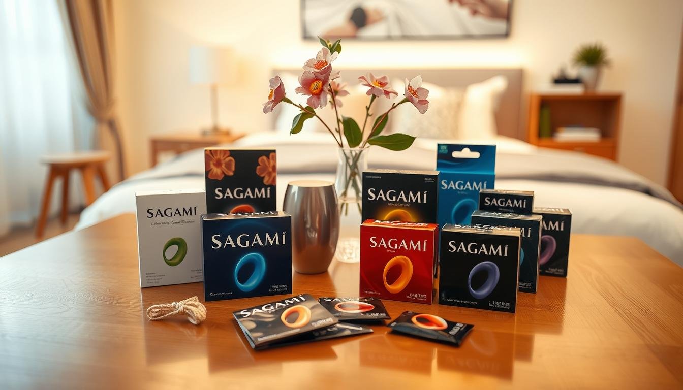 An elegant display of the Sagami product line, arranged artistically. In the foreground, showcase a variety of Sagami products, such as sleek packaging and a selection of condoms in diverse designs, all set on a polished wooden table. In the middle ground, feature stylish accessories that complement the products, like a subtle vase with fresh flowers, enhancing the aesthetic. The background should be softly blurred, hinting at a well-lit, modern setting, perhaps a softly decorated bedroom or a chic retail space. Use warm, inviting lighting to create an intimate atmosphere. The perspective should be slightly angled to emphasize depth, capturing the thoughtful presentation of Sagami's offerings, embodying sophistication and reliability, ideal for a contemporary audience.