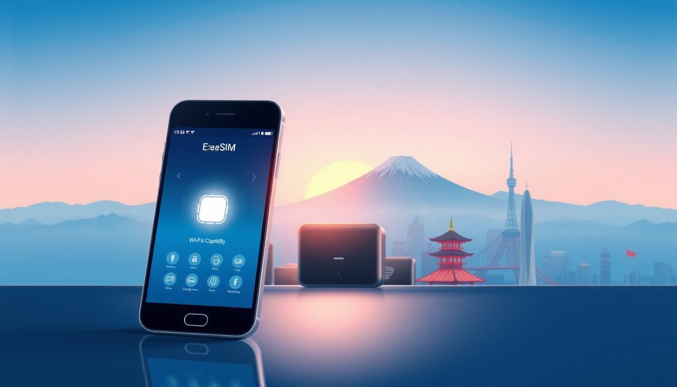 A modern and informative illustration depicting the concept of "Japan eSIM recommendations." In the foreground, a sleek smartphone displaying an eSIM activation screen, with glowing icons representing connectivity and compatibility. In the middle, subtle imagery of a Wi-Fi hotspot device and various Japanese landmarks, such as Mount Fuji and city skylines, hinting at travel and technology. The background features a soft-gradient sky transitioning from blue to light pink, suggesting a calm evening atmosphere. The lighting is warm and inviting, creating a sense of innovation and ease. The overall mood should be professional and tech-savvy, reflecting a modern approach to mobile connectivity in Japan.