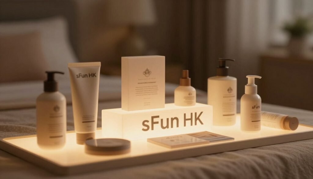 A close-up of a professionally crafted product display showcasing high-quality adult items from sFun HK, emphasizing their craftsmanship and durability. In the foreground, a few elegant products are arranged artfully on a soft fabric surface, glowing with warm, inviting lighting to convey a sense of intimacy and assurance. The middle section features an elegantly designed logo for sFun HK, subtly integrated into the display. The background consists of a softly blurred cozy room setting, adding to the atmosphere without drawing attention away from the main subjects. The overall mood is romantic and professional, enhanced by gentle, cinematic lighting that creates a warm ambiance, ensuring the image is both tasteful and suitable for viewing.