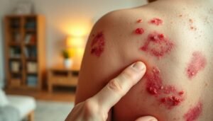 A close-up view of inflamed skin displaying eczema symptoms, with red patches, dry flakes, and irritation, set against a subtle out-of-focus background of a soft, warm living space. In the foreground, a hand gently touches the affected area, conveying a moment of discomfort and attention. The lighting is soft and natural, illuminating the skin's texture while creating an empathetic atmosphere. The color palette consists of warm tones, enhancing the emotional connection to the challenges faced by individuals with eczema. This image aims to evoke a sense of understanding and compassion towards the condition's impact on daily life, emphasizing both physical and emotional aspects.