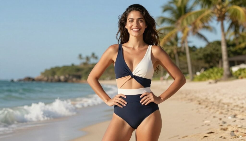 A confident woman stands on a sunlit beach, showcasing a stylish, chic swimsuit designed by PM Care, symbolizing empowerment and self-assurance. She is smiling brightly, her posture open and inviting, with her hands on her hips. Surrounding her, gentle ocean waves lap at the shore, while palm trees sway softly in the background beneath a clear blue sky. The lighting is warm and golden, enhancing the atmosphere of positivity and vitality. A shallow depth of field focuses on her radiant expression while the background remains softly blurred. The scene conveys a sense of confidence and allure, embodying PM Care's core philosophy of merging swimwear design with self-esteem and beauty.